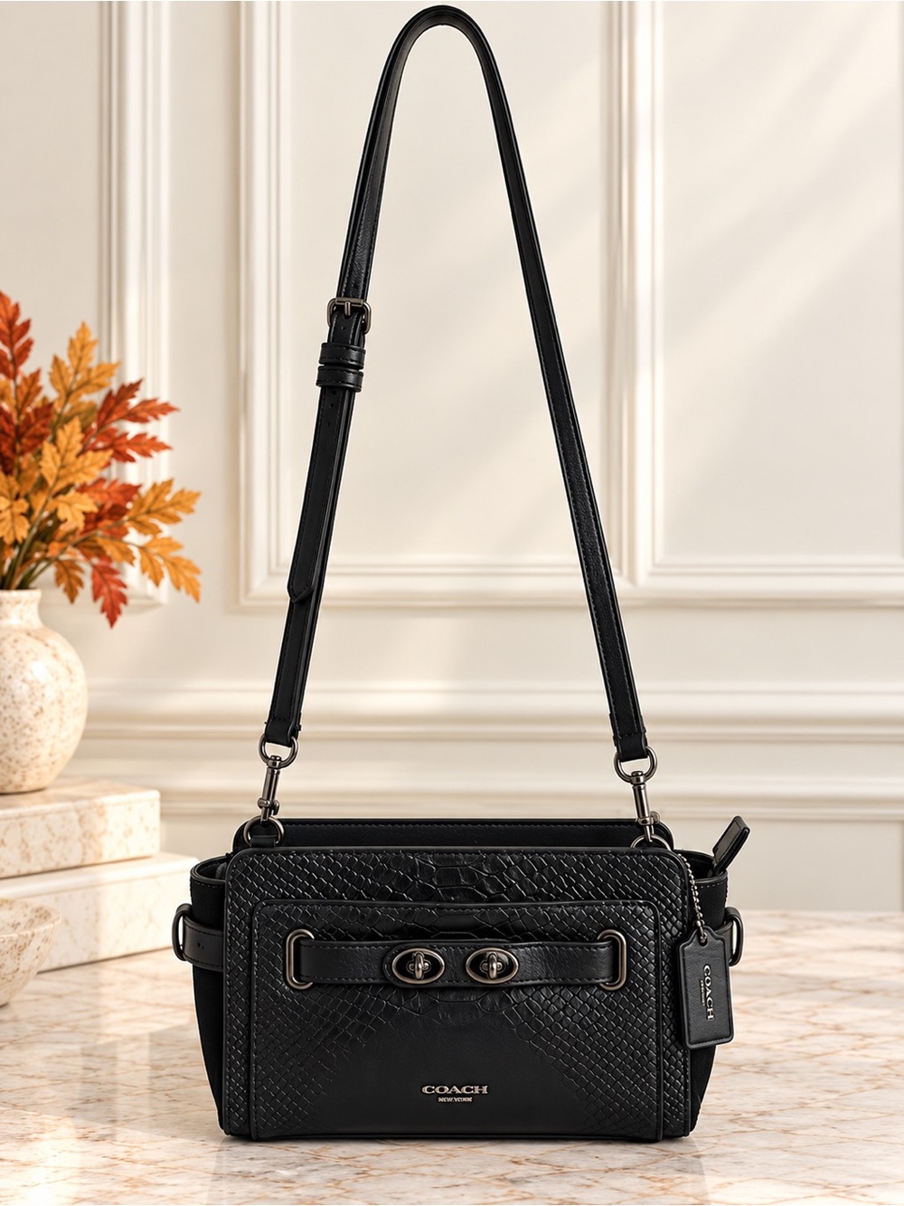 Coach Swagger Black Snake Embossed Leather Crossbody Clutch Turnlock Bag